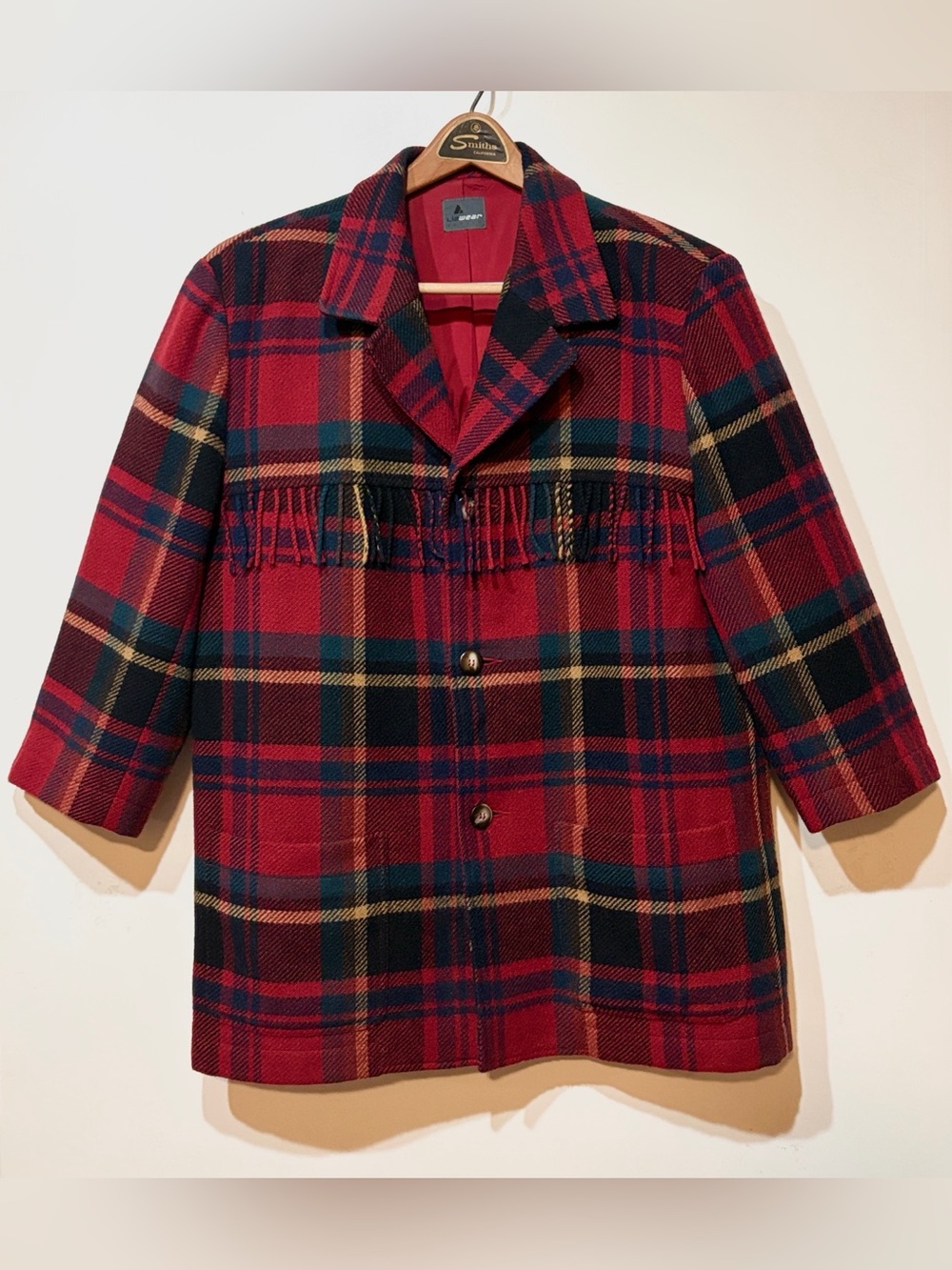 Vintage- Lizwear- Plaid Red Fringe-Trim Wool Pea Coat